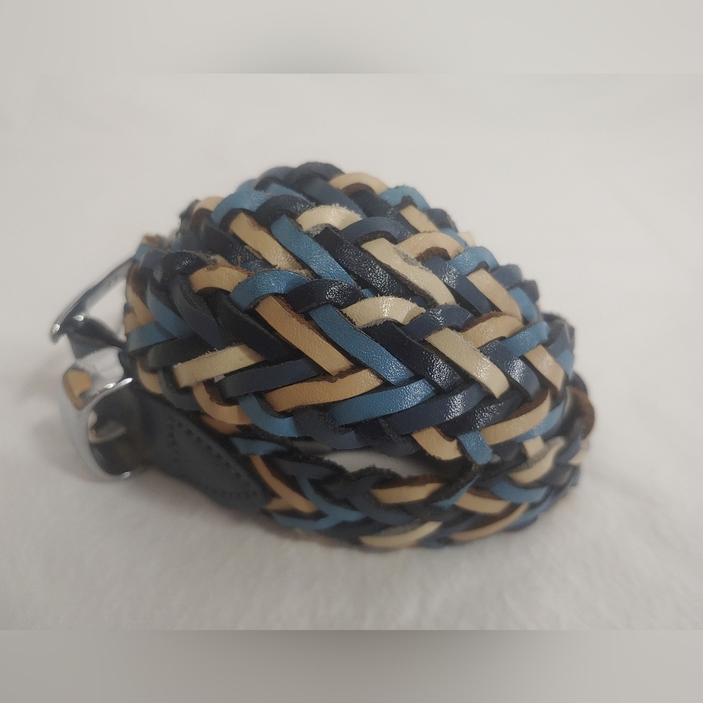 Vintage Capezio Leather Braided Belt Navy/Blue/Tan/Cream With Chrome Accents M/L